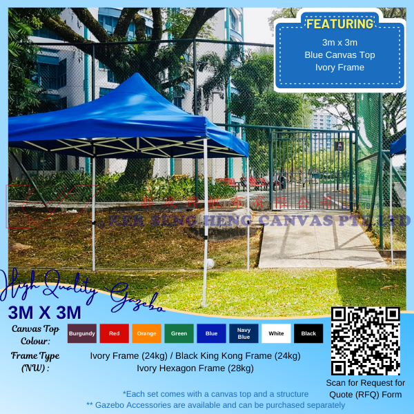 3m x 3m High Quality Gazebo | Blue, Ivory Frame