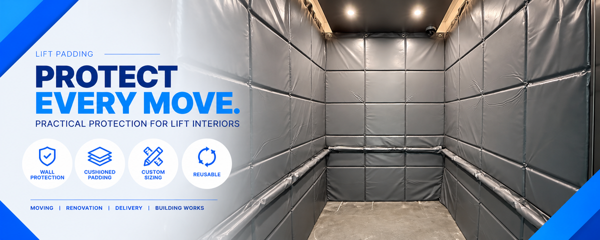 Custom cushioned lift padding covering elevator interior walls for protection during moving and renovation works